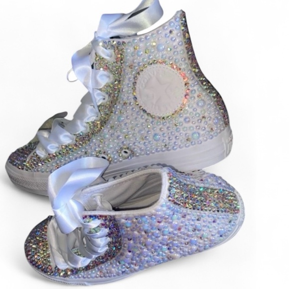 Crystal AB Diamonds & Pearls High Top Converse Sizes 5-14 New With Ribbon Laces - Picture 4 of 14